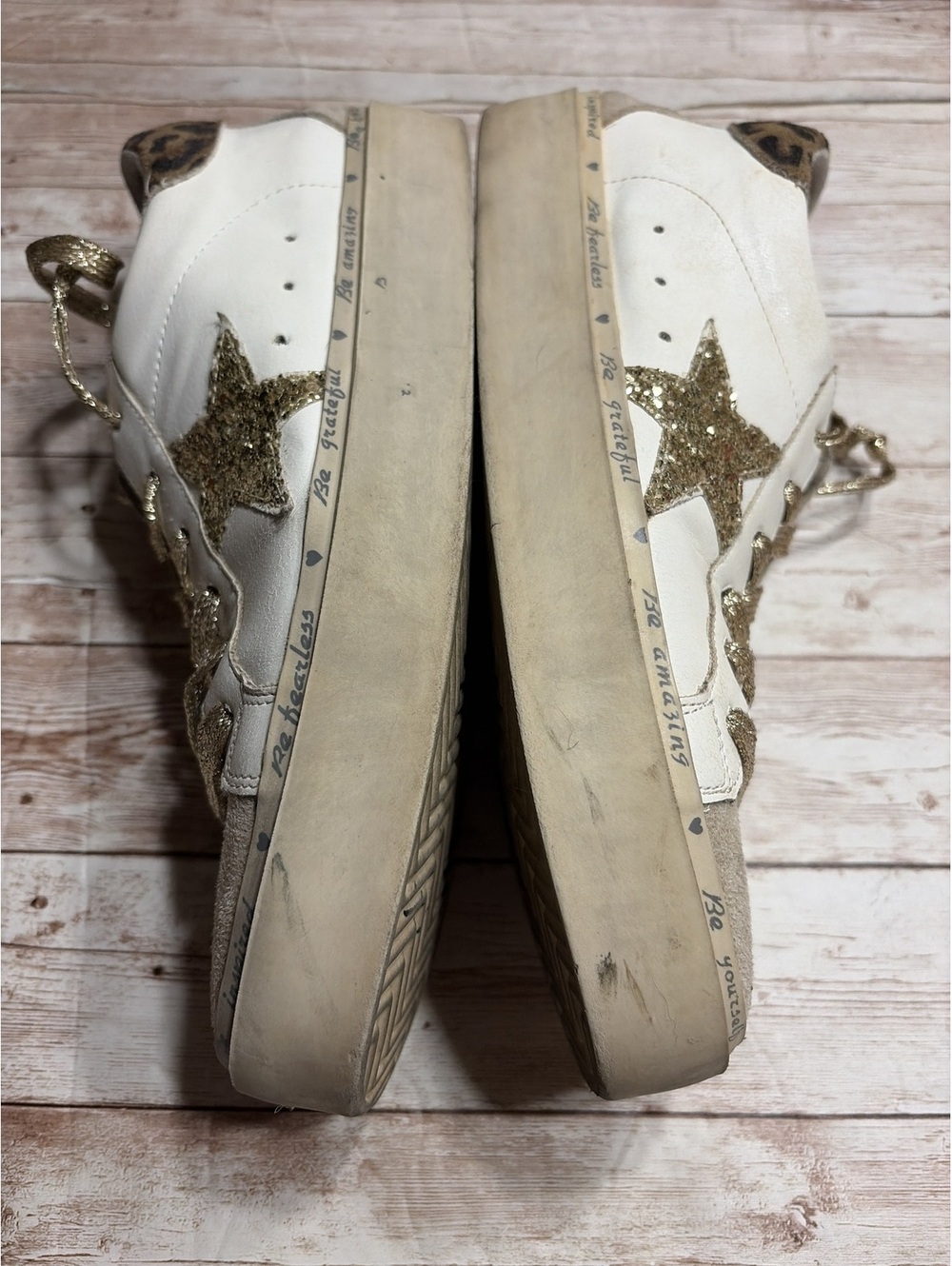ShuShop Reba Size 8.5 White Leather Sneakers Cheetah Heel Gold Stars - Picture 10 of 13